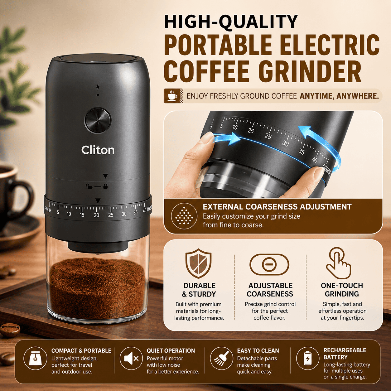 A promotional graphic for the Cliton portable electric coffee grinder. The left side shows the black and clear grinder on a wooden surface next to a coffee cup.