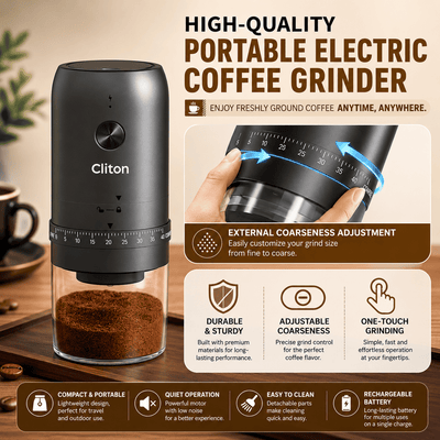 A promotional graphic for the Cliton portable electric coffee grinder. The left side shows the black and clear grinder on a wooden surface next to a coffee cup.