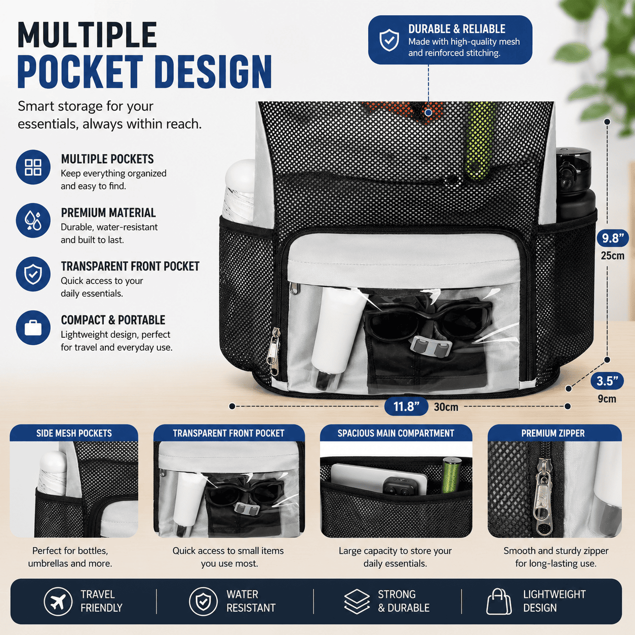 A product infographic for a black mesh organizer bag, showing its dimensions (9.8 x 11.