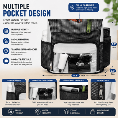 A product infographic for a black mesh organizer bag, showing its dimensions (9.8 x 11.
