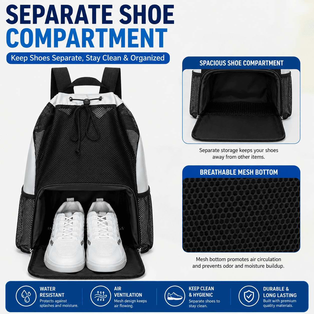 A black and white backpack shown with two white shoes inside a separate shoe compartment, plus callout panels explaining features like spacious shoe compartment and breathable mesh bottom on a white background.