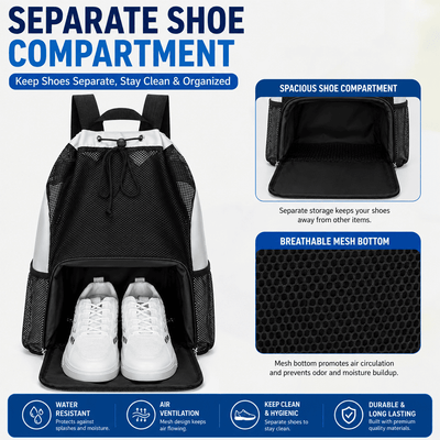 A black and white backpack shown with two white shoes inside a separate shoe compartment, plus callout panels explaining features like spacious shoe compartment and breathable mesh bottom on a white background.