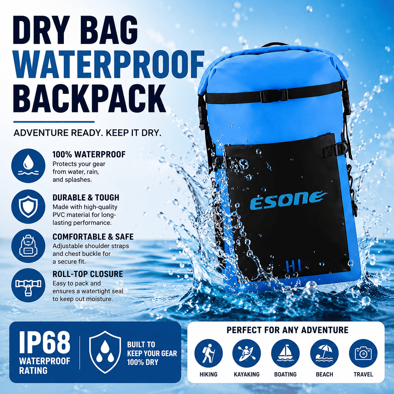 Blue and black Esone dry bag waterproof backpack shown with water splash graphics and marketing text on a blue background, highlighting waterproof, durable, comfortable, and roll-top closure features.