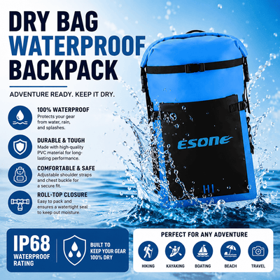 Blue and black Esone dry bag waterproof backpack shown with water splash graphics and marketing text on a blue background, highlighting waterproof, durable, comfortable, and roll-top closure features.