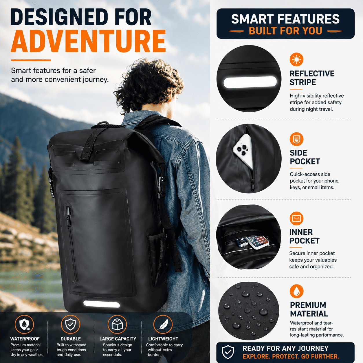A black backpack shown from the back on a person in a mountain setting, with feature callouts and text highlighting smart features like a reflective stripe, side pocket, inner pocket, and waterproof material.
