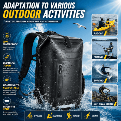 A black waterproof backpack shown on a dramatic ocean wave background with text reading 'ADAPTATION TO VARIOUS OUTDOOR ACTIVITIES' and inset activity photos including paddling, fishing, surfing, and off-road riding.