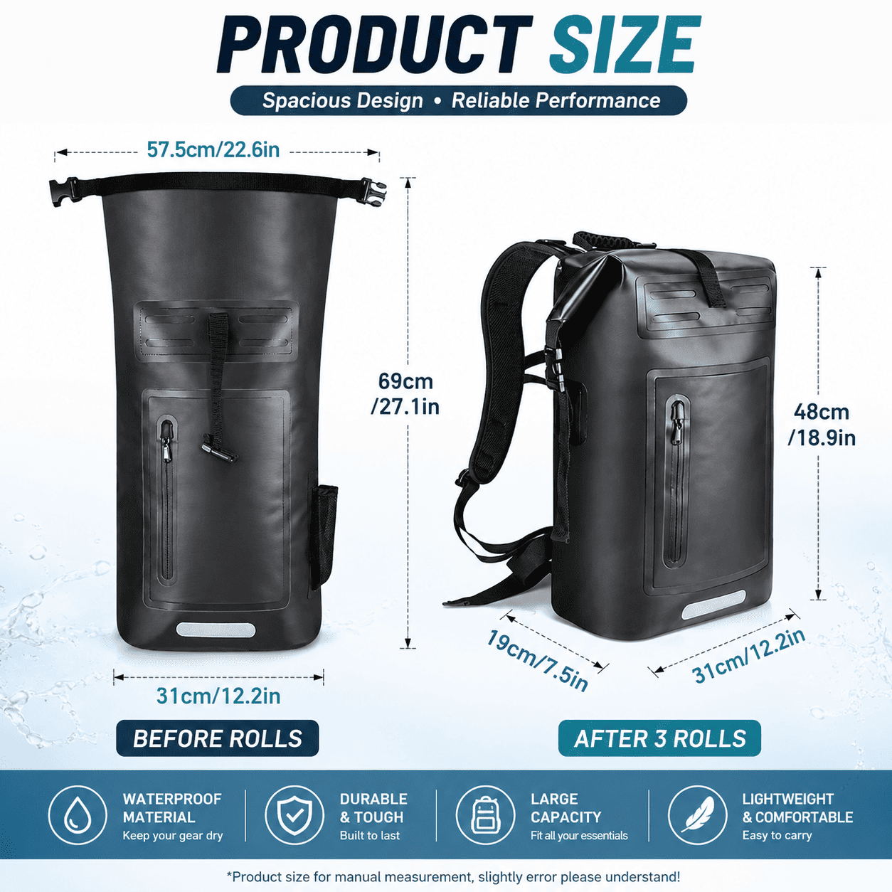 Product size comparison graphic showing a black waterproof backpack/dry bag before and after three rolls, with dimensions labeled in centimeters and inches. The image includes text about spacious design, reliable performance, and feature icons for waterproof material, durability, large capacity, and lightweight comfort.