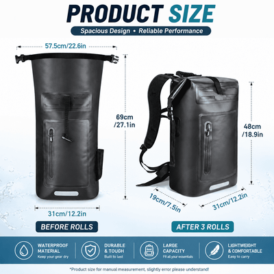 Product size comparison graphic showing a black waterproof backpack/dry bag before and after three rolls, with dimensions labeled in centimeters and inches. The image includes text about spacious design, reliable performance, and feature icons for waterproof material, durability, large capacity, and lightweight comfort.