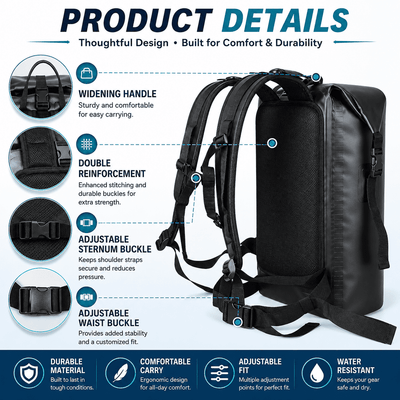 A product details infographic for a black backpack, showing a large side view of the backpack with callout lines pointing to features like the widening handle, double reinforcement buckles, adjustable sternum buckle, and adjustable waist buckle. The left side features circular inset close-ups of these features, and the bottom has feature icons for durable material, comfortable carry, adjustable fit, and water resistance.