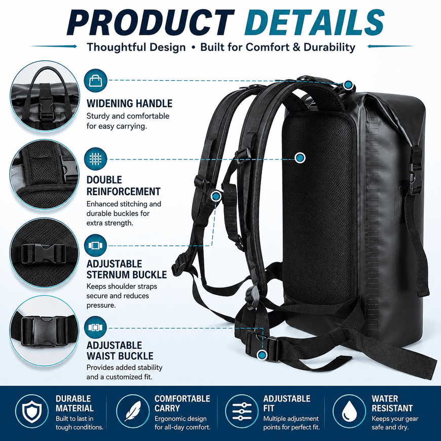 A product details infographic for a black backpack, showing a large side view of the backpack with callout lines pointing to features like the widening handle, double reinforcement buckles, adjustable sternum buckle, and adjustable waist buckle. The left side features circular inset close-ups of these features, and the bottom has feature icons for durable material, comfortable carry, adjustable fit, and water resistance.