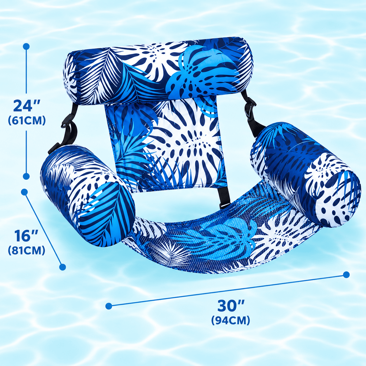 Blue and white tropical leaf print baby support pool chair with dimension markings showing 24 inches height, 16 inches depth, and 30 inches width over a light blue water background.