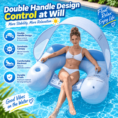 A woman in a white bikini sits in a light blue inflatable pool float with a white canopy in a swimming pool. The image includes marketing text highlighting features like the double handle design, sunshade canopy, and comfortable backrest.