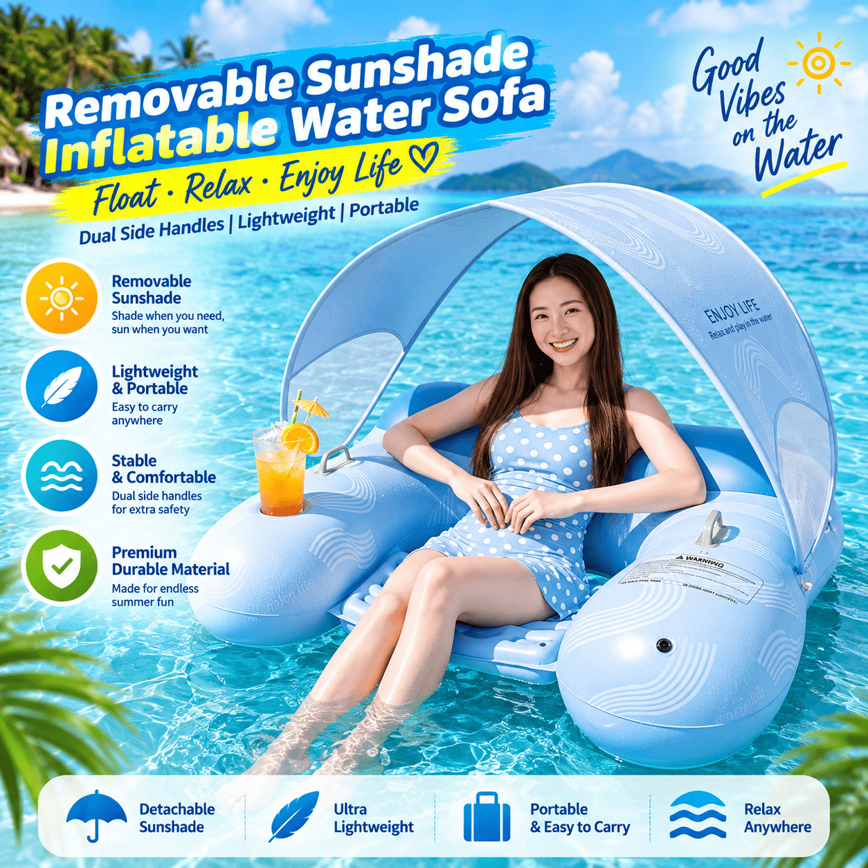 A woman reclines in a light blue inflatable water sofa with a matching sunshade in a tropical pool setting. The ad includes feature callouts and text such as 'Removable Sunshade Inflatable Water Sofa' and 'Float · Relax · Enjoy Life'.