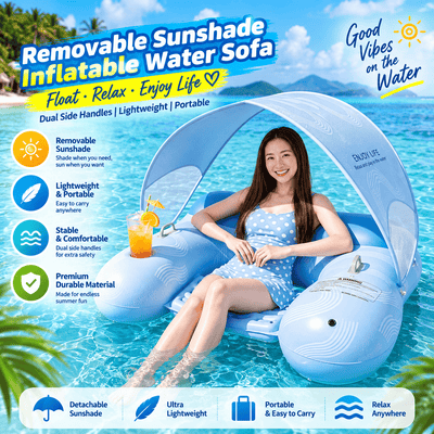 A woman reclines in a light blue inflatable water sofa with a matching sunshade in a tropical pool setting. The ad includes feature callouts and text such as 'Removable Sunshade Inflatable Water Sofa' and 'Float · Relax · Enjoy Life'.