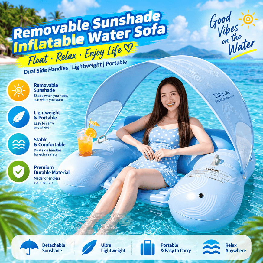 A woman reclines in a light blue inflatable water sofa with a matching sunshade in a tropical pool setting. The ad includes feature callouts and text such as 'Removable Sunshade Inflatable Water Sofa' and 'Float · Relax · Enjoy Life'.