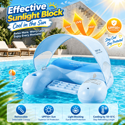 A light blue and white inflatable pool float with a removable canopy shade, shown floating in a swimming pool. The image includes promotional text overlays highlighting UV protection, heat blocking, and cooling benefits, along with feature icons at the bottom.