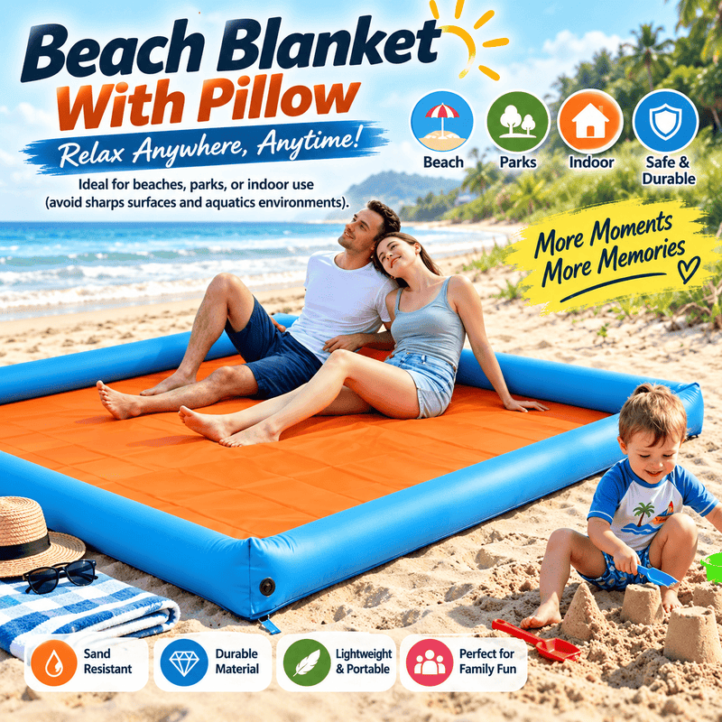 An inflatable rectangular pool or sandbox with a bright orange interior and a thick blue inflatable border, shown on a plain white background.