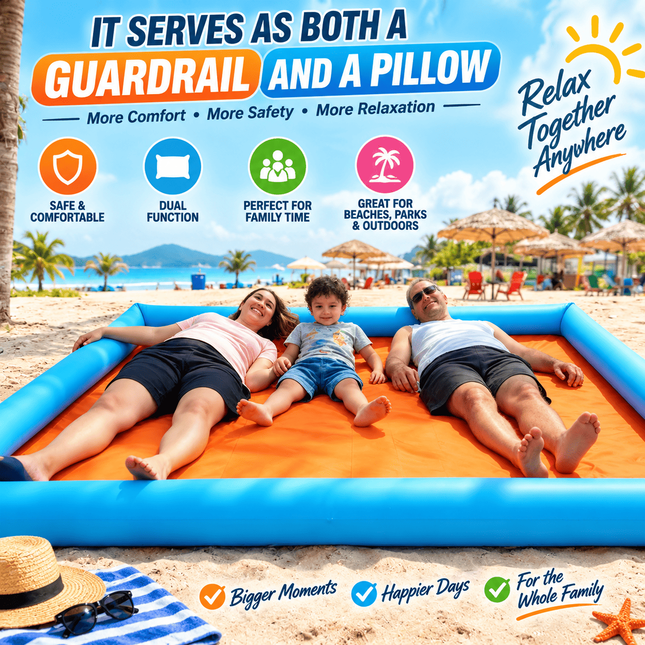 An inflatable beach pool float shown on a sandy beach with three people lying inside on an orange mat. The float has a bright blue border and is set against a tropical beach background with palm trees, umbrellas, and the ocean.