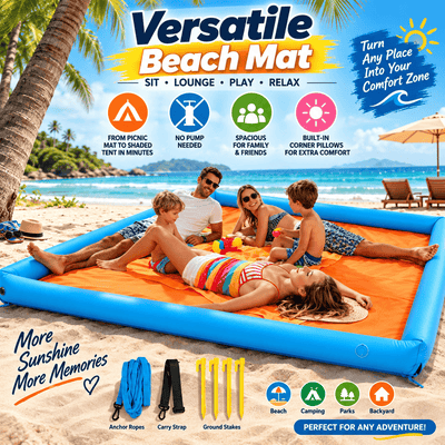 An inflatable beach pool mat shown on a sandy beach with a family relaxing inside it. The mat is bright orange with blue inflatable walls and is surrounded by beach-themed promotional text, icons, and included accessories like anchor ropes, a carry strap, and stakes.