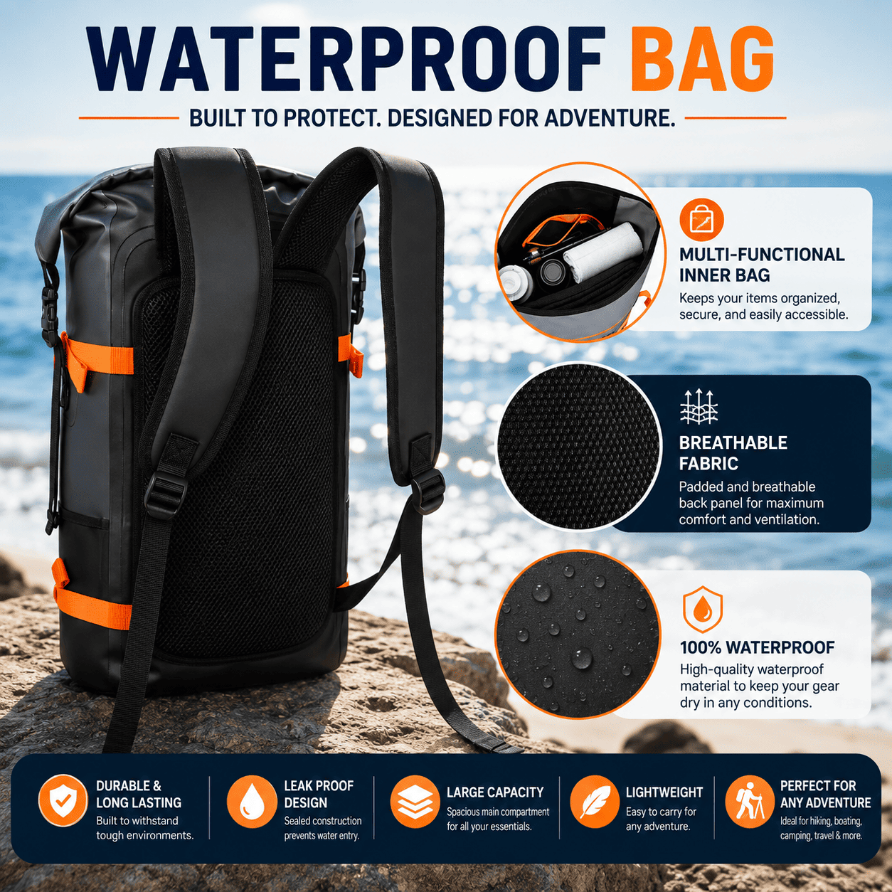 Black and orange waterproof backpack shown on a beach with feature callout graphics and text explaining its multi-functional inner bag, breathable fabric, and 100% waterproof design.