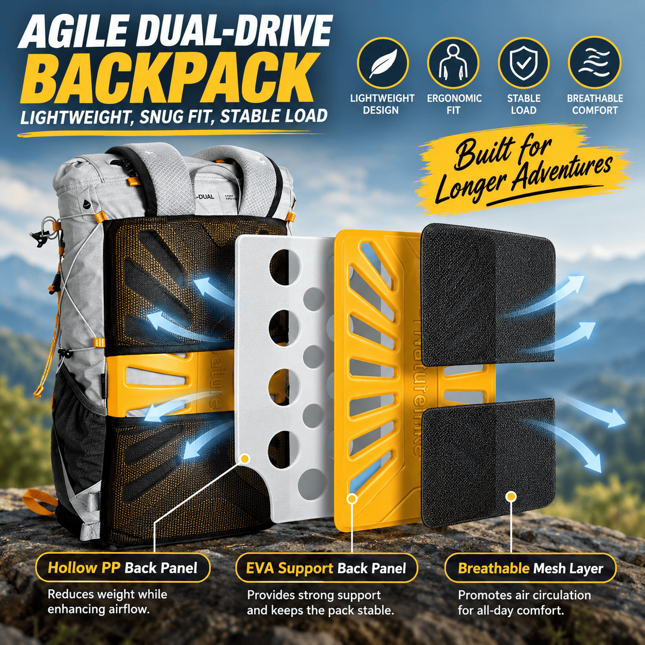 An advertisement for the Agile Dual-Drive Backpack, showing the backpack on a mountain trail alongside detailed cross-section diagrams of its breathable mesh and support back panels. The image includes feature icons and text overlays highlighting its lightweight, ergonomic, and stable design.