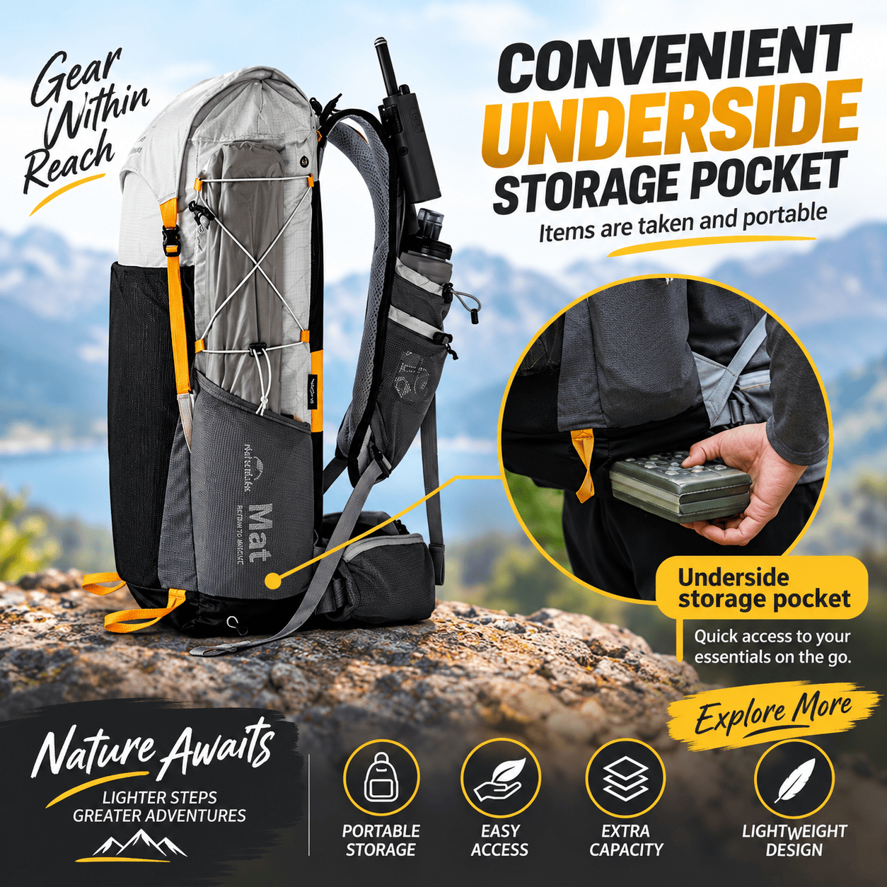 A gray and black hiking backpack with yellow accents is shown outdoors on a rock with mountains in the background. The image includes promotional text highlighting an upside storage pocket, with a circular inset showing a hand placing items into the pocket.