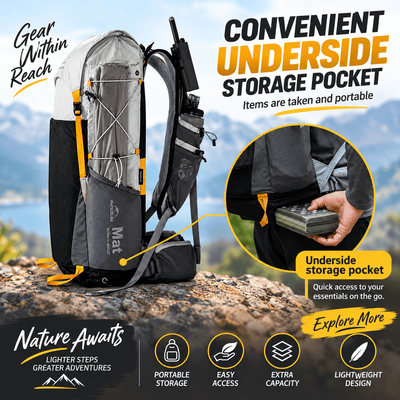 A gray and black hiking backpack with yellow accents is shown outdoors on a rock with mountains in the background. The image includes promotional text highlighting an upside storage pocket, with a circular inset showing a hand placing items into the pocket.