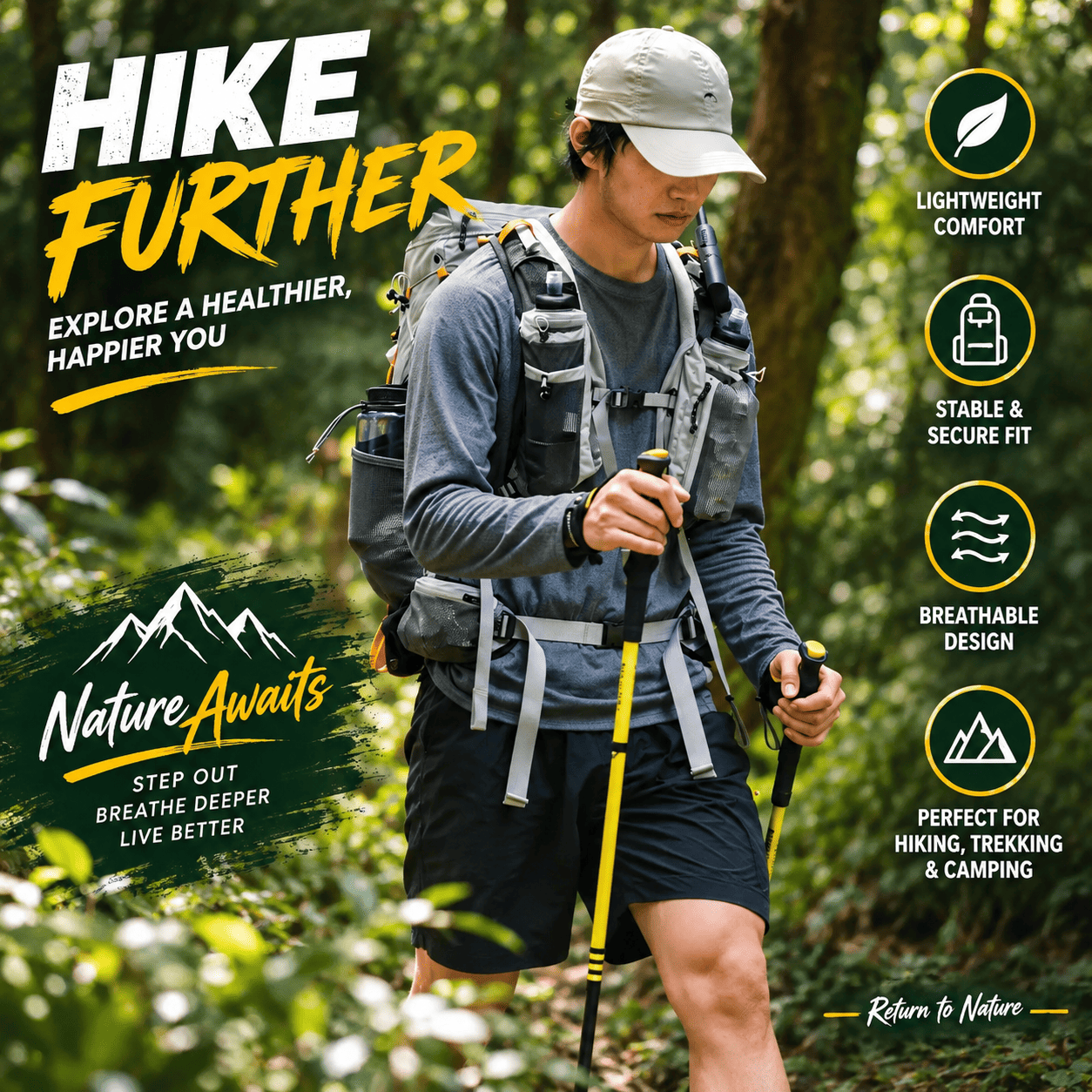 A man hiking through a forest wearing a gray long-sleeve shirt, black shorts, and a gray backpack with yellow and black trekking poles. The image includes promotional text and feature icons for the backpack and hiking gear.
