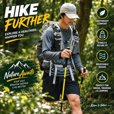 A man hiking through a forest wearing a gray long-sleeve shirt, black shorts, and a gray backpack with yellow and black trekking poles. The image includes promotional text and feature icons for the backpack and hiking gear.