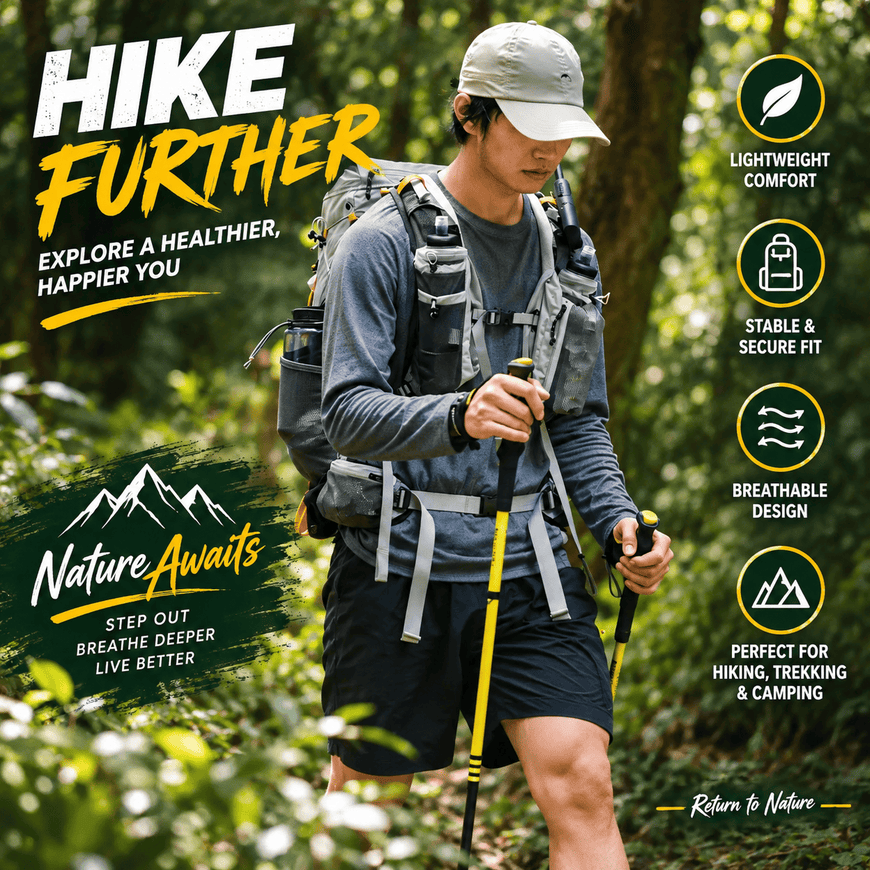A man hiking through a forest wearing a gray long-sleeve shirt, black shorts, and a gray backpack with yellow and black trekking poles. The image includes promotional text and feature icons for the backpack and hiking gear.