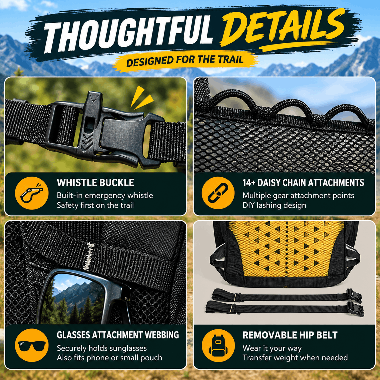 A four-panel feature infographic for a black hiking backpack, titled 'THOUGHTFUL DETAILS DESIGNED FOR THE TRAIL.' The panels show close-ups of a black webbing buckle with a whistle, a mesh pocket with a 14+ daisy chain attachment system, sunglasses webbing, and a removable hip belt, each with text callouts and mountain background imagery.