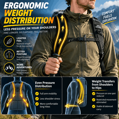 Promotional infographic for an ergonomic backpack, showing a man wearing a green hiking jacket and holding a black backpack with glowing yellow arrows illustrating weight distribution. The graphic includes text benefits like 'Ergonomic Weight Distribution' and 'Comfort Fuels Exploration' with anatomical diagrams of how the backpack distributes weight.