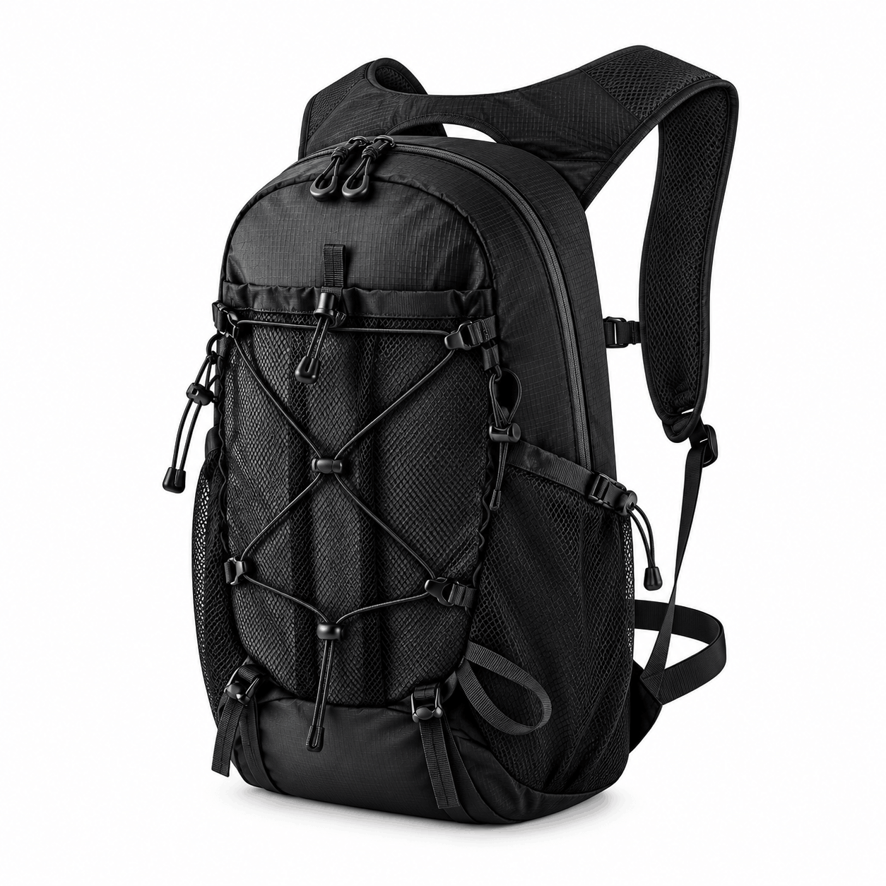 A black technical backpack with multiple zippered compartments, mesh pockets, and adjustable shoulder straps, shown on a plain white background.