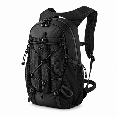 A black technical backpack with multiple zippered compartments, mesh pockets, and adjustable shoulder straps, shown on a plain white background.