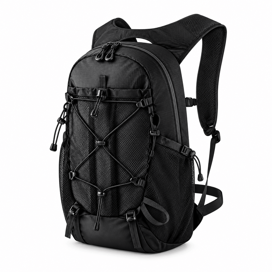 A black technical backpack with multiple zippered compartments, mesh pockets, and adjustable shoulder straps, shown on a plain white background.