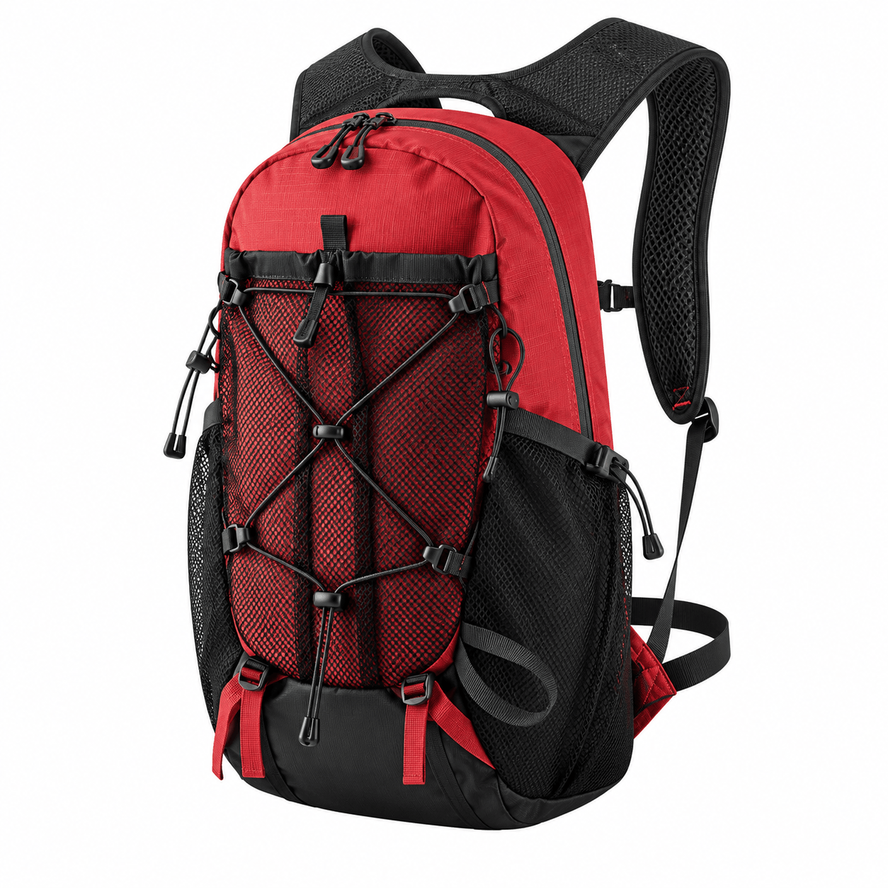 A red and black hiking backpack shown from a three-quarter front angle on a solid white background.