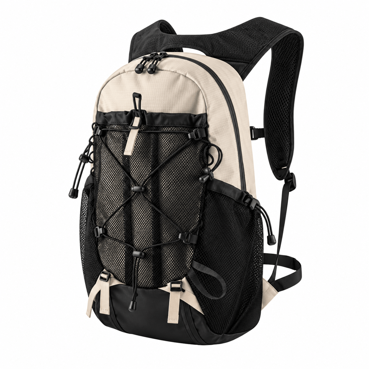 A dual-tone hiking backpack in beige and black, featuring a front mesh pocket with crisscross compression straps, side mesh pockets, and padded shoulder straps, shown on a plain white background.
