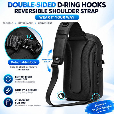 Black double-sided D-ring shoulder strap bag with detachable hook and reversible strap, shown on a light blue/white background with feature callouts and text.