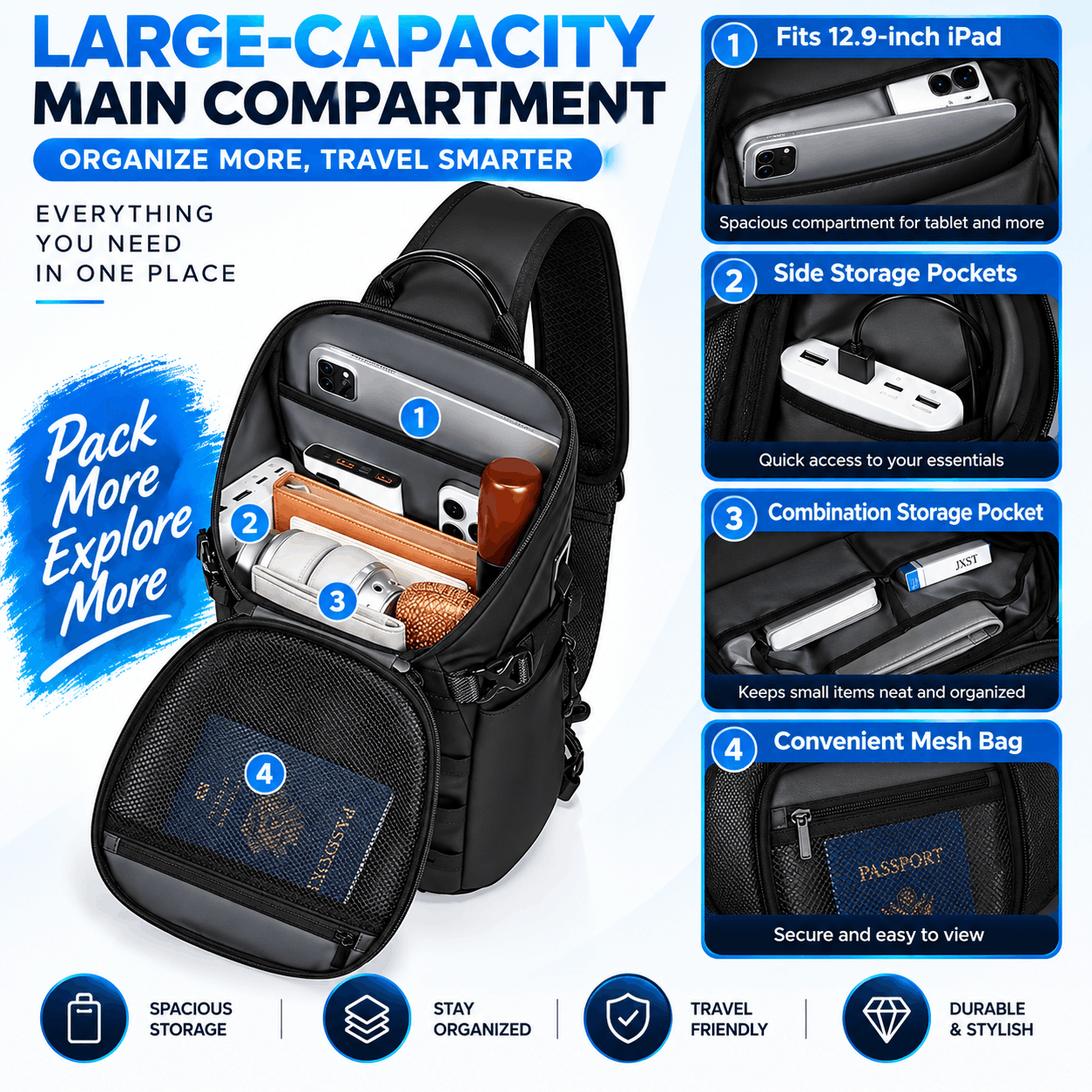 A black large-capacity main compartment backpack shown open with multiple compartments and accessories inside, surrounded by feature callout graphics and text on a white background.
