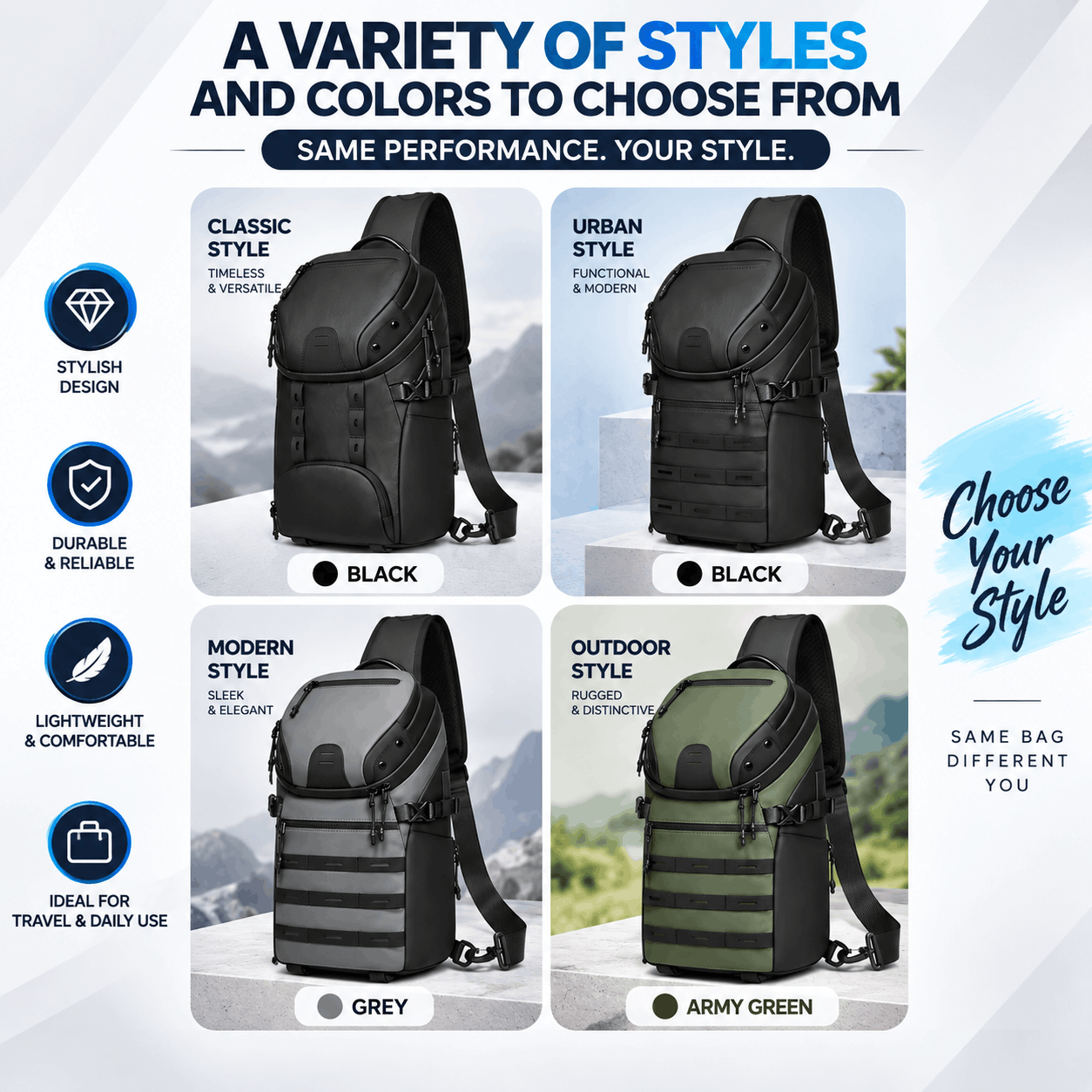 A promotional graphic showing four backpack style options: Classic Style in black, Urban Style in black, Modern Style in grey, and Outdoor Style in army green. The image includes marketing text and icons on the left side highlighting design, durability, and comfort.