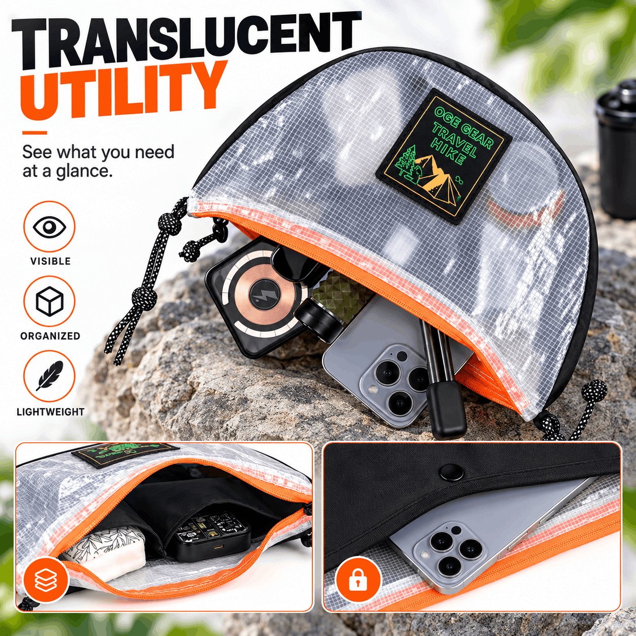 Transparent mesh utility pouch with orange trim, shown on a rock with accessories inside. Large text reads 'TRANSLUCENT UTILITY' with feature icons for visible, organized, and lightweight.