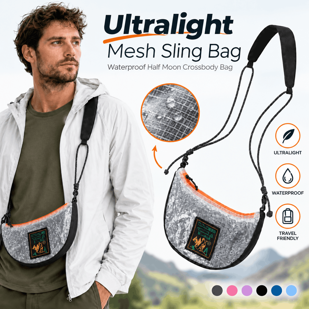 A man wearing a white jacket models a gray mesh crossbody sling bag with black straps and orange trim. The image includes product text reading 'Ultralight Mesh Sling Bag' and feature icons for ultralight, waterproof, and travel friendly, plus a circular inset showing the mesh texture.