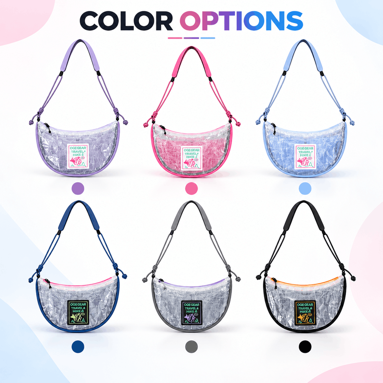 Six crescent-shaped shoulder bags are shown in different color options under the heading 'COLOR OPTIONS'. The bags have a clear mesh body with a glittery or textured interior lining and a single shoulder strap.