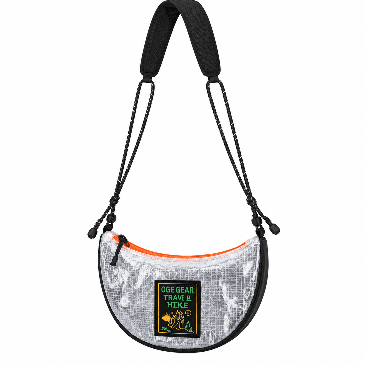 A crescent-shaped shoulder bag with a silver and black camouflage pattern, black trim, a black adjustable strap, and a bright orange zipper. A green and yellow 'OGE GEAR TRAVEL & HIKE' patch is attached to the front.