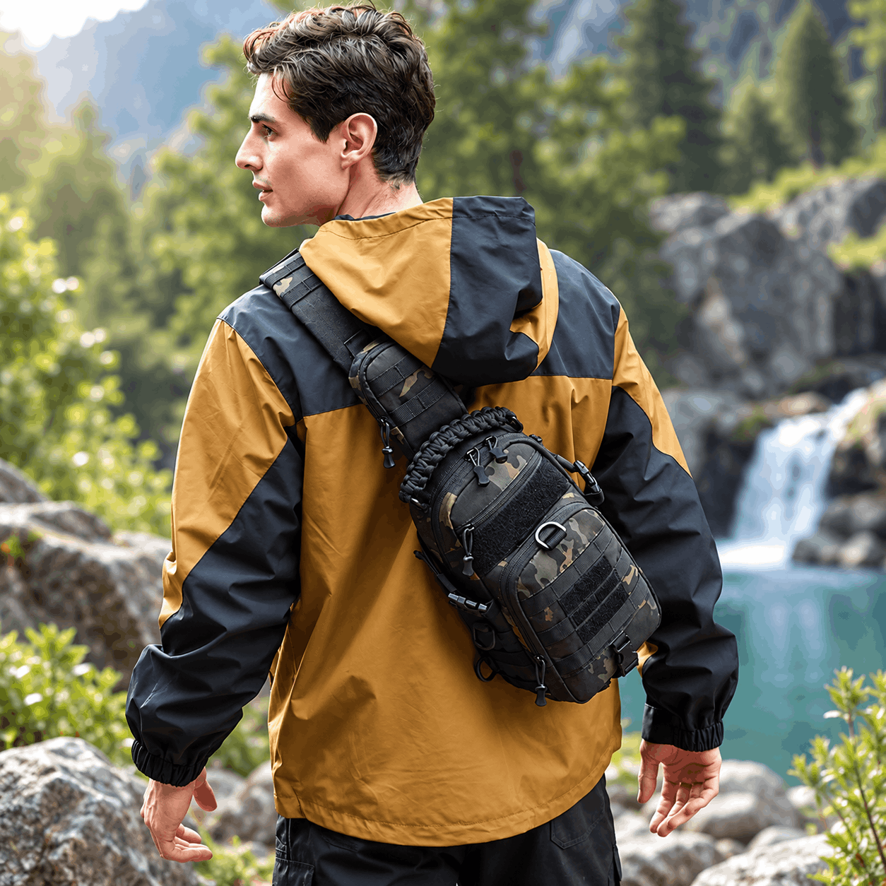 A man wearing a yellow and black outdoor jacket stands in a mountainous, forested landscape with a waterfall and turquoise water in the background, carrying a black tactical sling backpack across his chest.