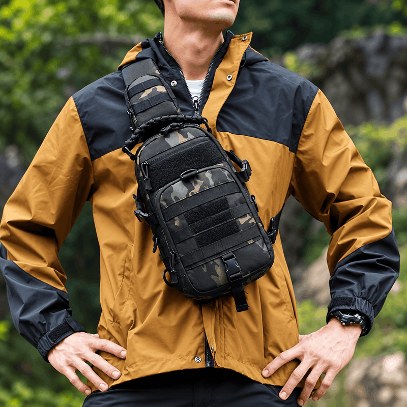 Tan tactical sling bag with multiple straps and pouches on a white background