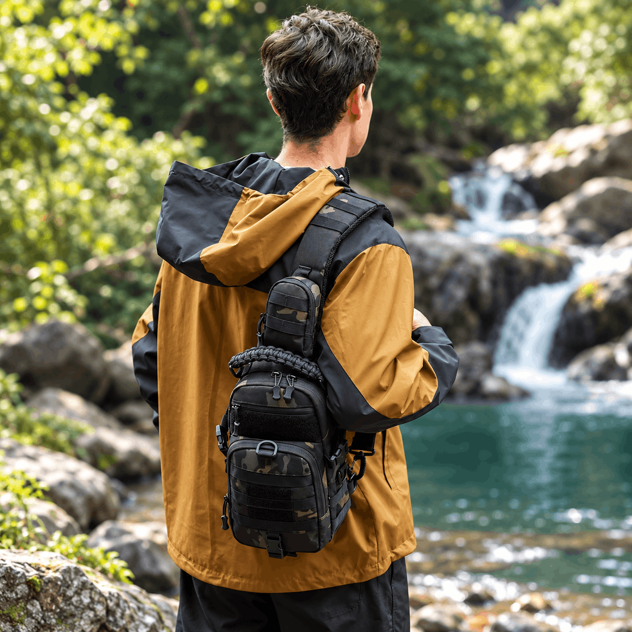 A man wearing a black and brown camouflage tactical sling backpack, shown from behind as he stands in a lush green outdoor setting near a waterfall and river.