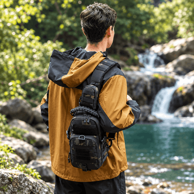 A man wearing a black and brown camouflage tactical sling backpack, shown from behind as he stands in a lush green outdoor setting near a waterfall and river.