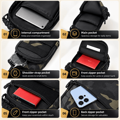 A six-panel product feature graphic for a small black and camouflage crossbody bag, showing labeled compartments: internal compartment, main pocket, shoulder strap pocket, front zipper pocket, and back zipper pocket. The bag is shown open with a phone, watch, and red card holder inserted, on a light gray background with numbered callouts.