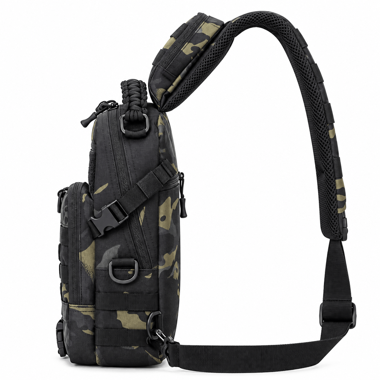 A tactical sling backpack in black and olive green camouflage, featuring a wide padded shoulder strap, multiple zippered compartments, and quick-release buckles, shown against a plain white background.